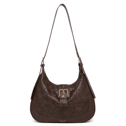 Brown Embossed Floral Leather Hobo Bag for Women